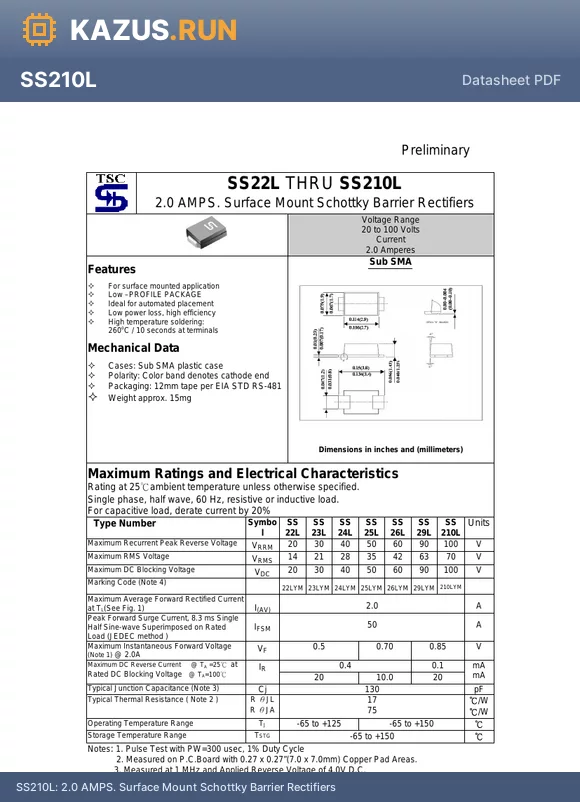 SS210L datasheet - 2.0 AMPS. Surface Mount Schottky Barrier Rectifiers