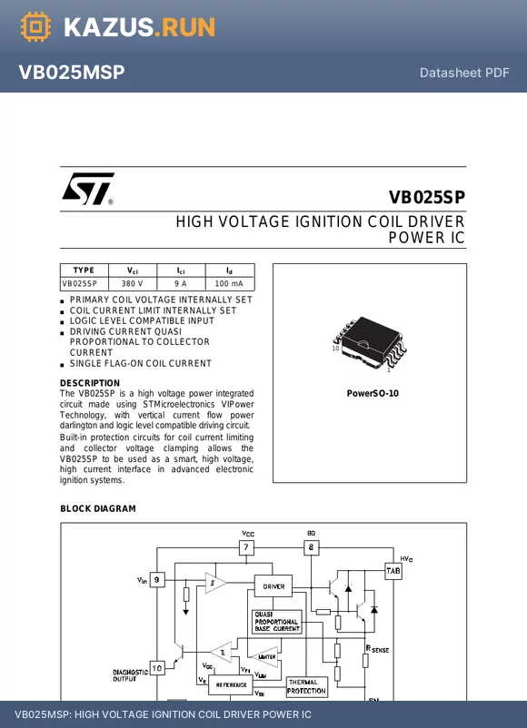 VB025MSP datasheet - HIGH VOLTAGE IGNITION COIL DRIVER POWER IC