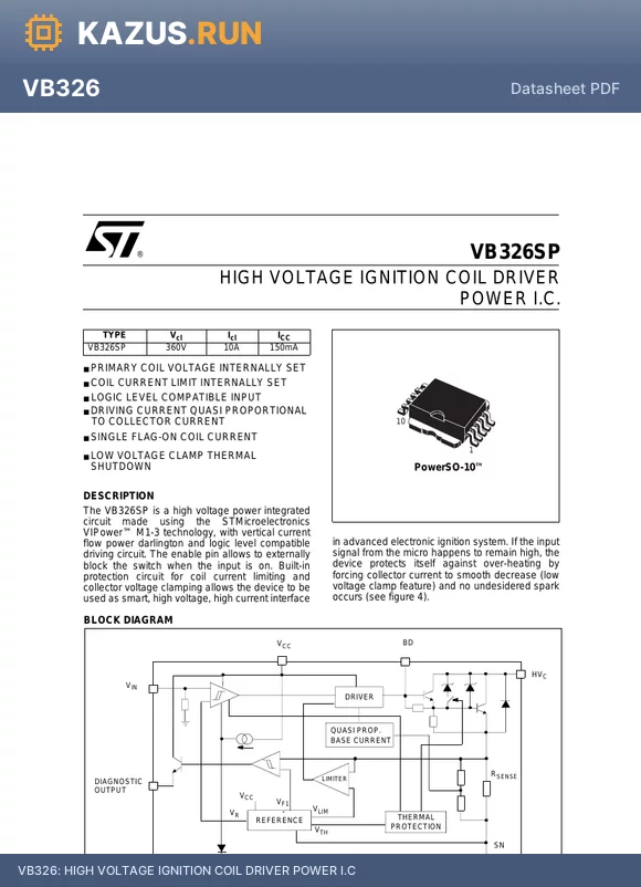 VB326 datasheet - HIGH VOLTAGE IGNITION COIL DRIVER POWER I.C