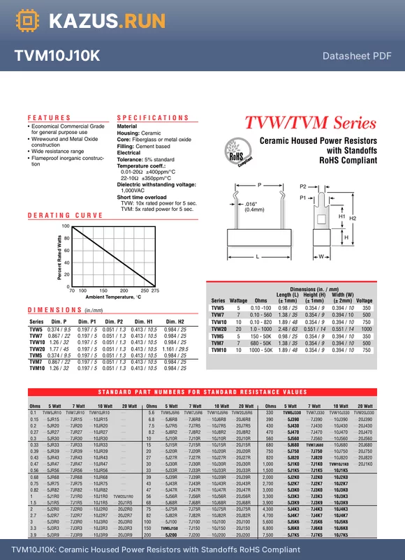 TVW7J430 datasheet - Ceramic Housed Power Resistors with Standoffs RoHS Compliant