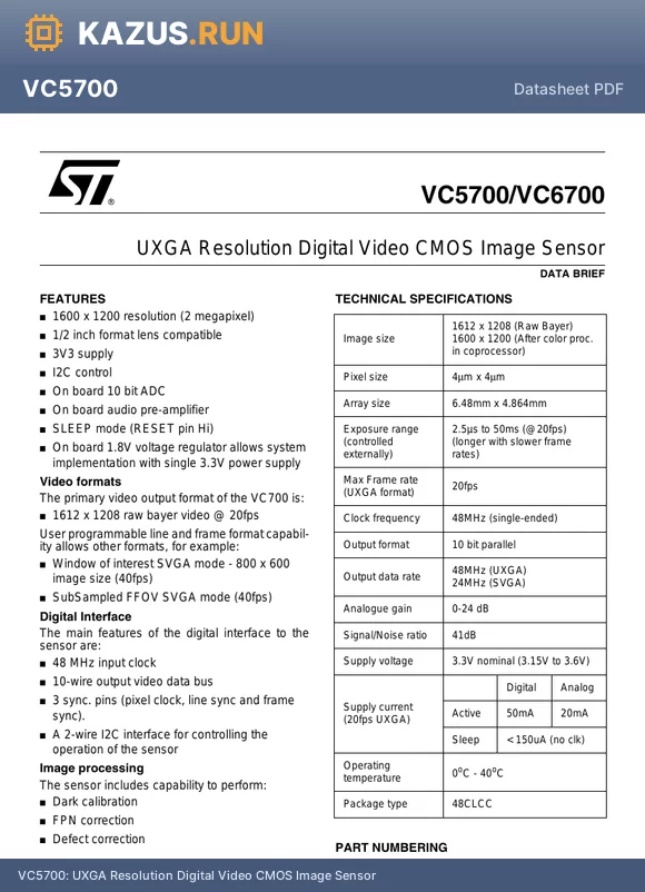 VC6700 datasheet - UXGA Resolution Digital Video CMOS Image Sensor