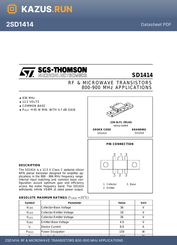 SD1414 datasheet - RF & MICROWAVE TRANSISTORS 800-900 MHz APPLICATIONS