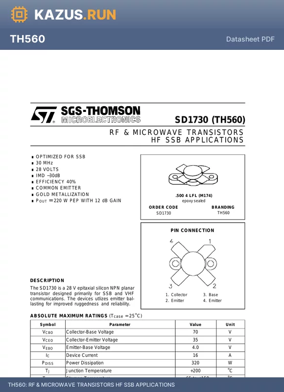 SD1730 datasheet - RF & MICROWAVE TRANSISTORS HF SSB APPLICATIONS