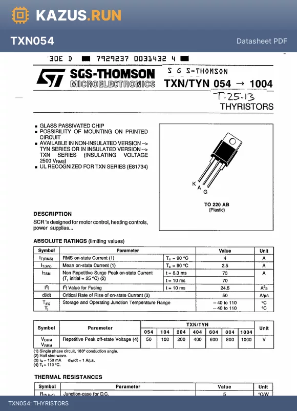 TYN804 datasheet - THYRISTORS
