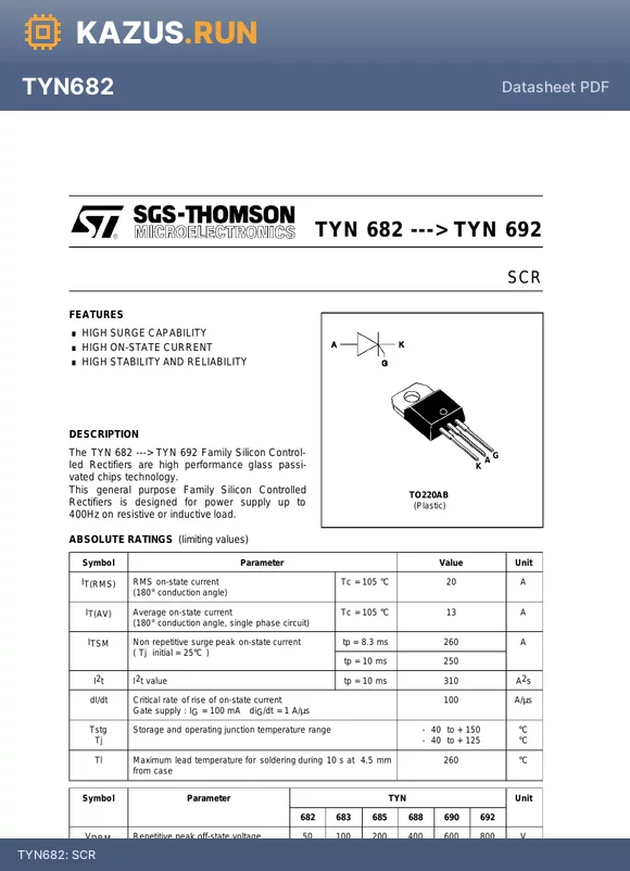 TYN692 datasheet - SCR