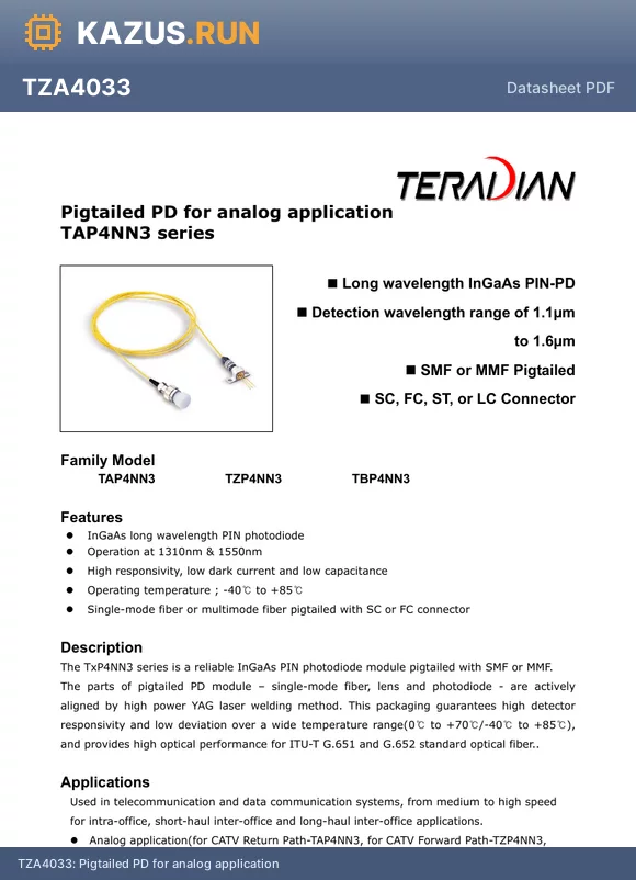 TZP4036 datasheet - Pigtailed PD for analog application