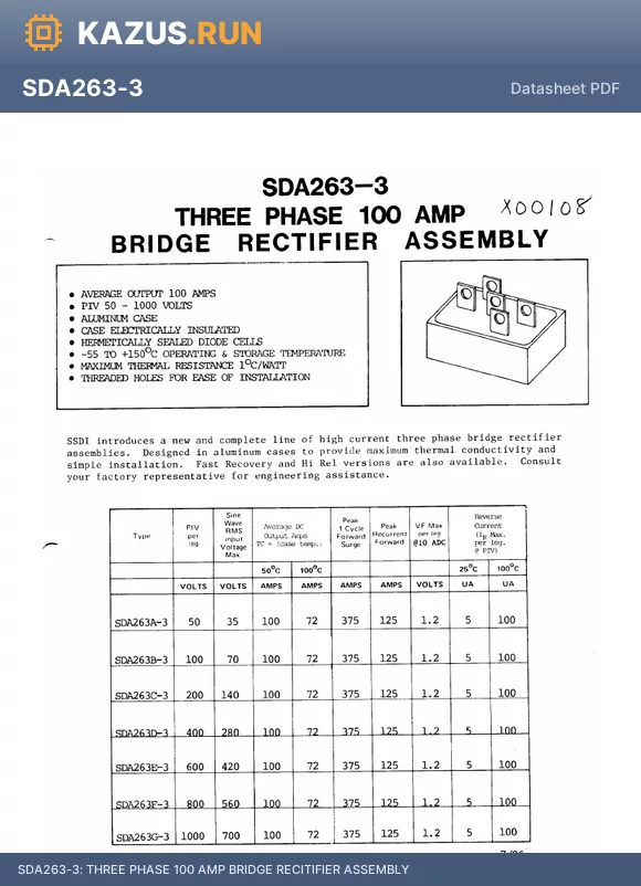 SDA263D-3 datasheet - THREE PHASE 100 AMP BRIDGE RECITIFIER ASSEMBLY