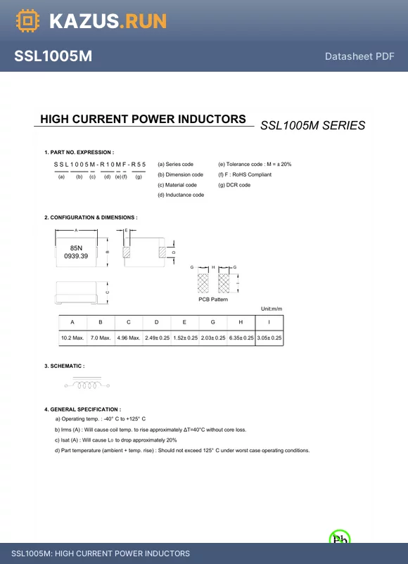 SSL1005M-R22MF-R55 datasheet - HIGH CURRENT POWER INDUCTORS