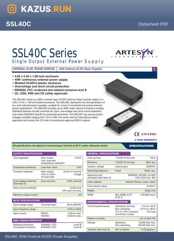 SSL40C datasheet - 40W External AC/DC Power Supplies