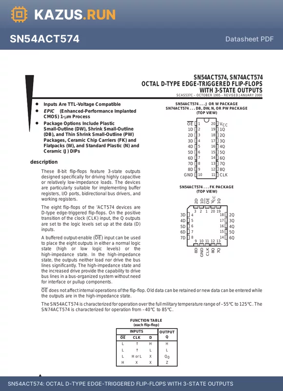 SN74ACT574PW datasheet - OCTAL D-TYPE EDGE-TRIGGERED FLIP-FLOPS WITH 3-STATE OUTPUTS