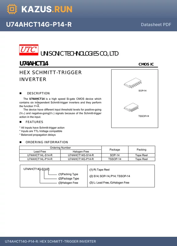 U74AHCT14G-S14-R datasheet - HEX SCHMITT-TRIGGER INVERTER