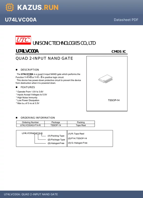 U74LVC00AG-P14-R datasheet - QUAD 2-INPUT NAND GATE