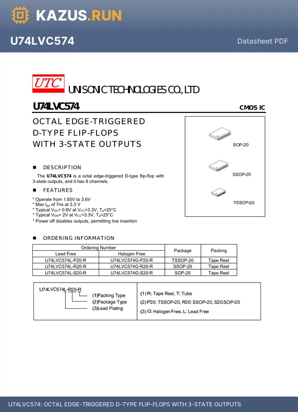 U74LVC574L-R20-R datasheet - OCTAL EDGE-TRIGGERED D-TYPE FLIP-FLOPS WITH 3-STATE OUTPUTS