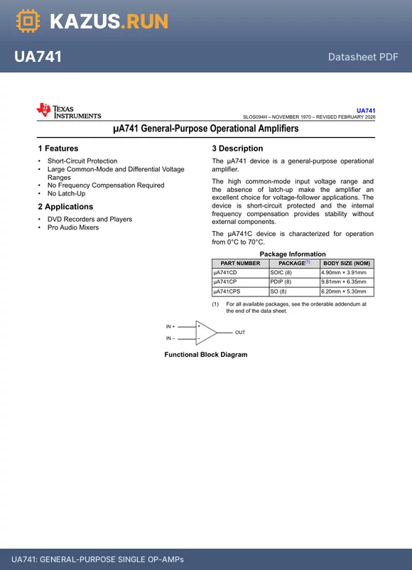 UA741 datasheet - GENERAL-PURPOSE SINGLE OP-AMPs
