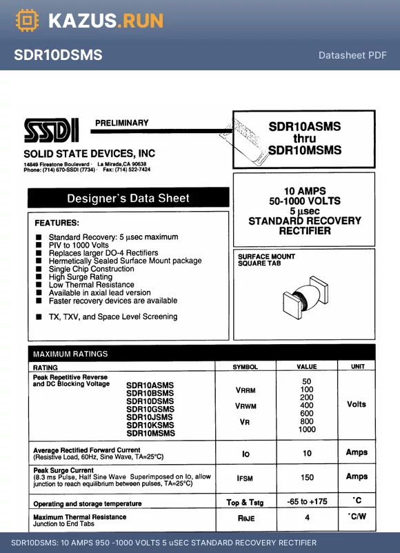 SDR10JSMS datasheet - 10 AMPS 950 -1000 VOLTS 5 uSEC STANDARD RECOVERY RECTIFIER