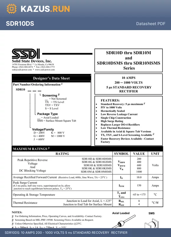SDR10MSMSS datasheet - 10 AMPS 200 - 1000 VOLTS 5 ns STANDARD RECOVERY  RECTIFIER