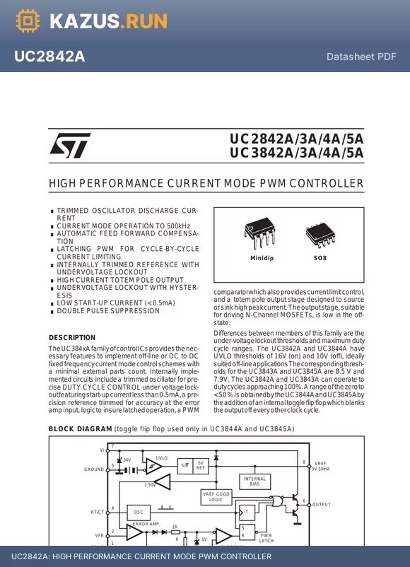 UC2842A datasheet - HIGH PERFORMANCE CURRENT MODE PWM CONTROLLER