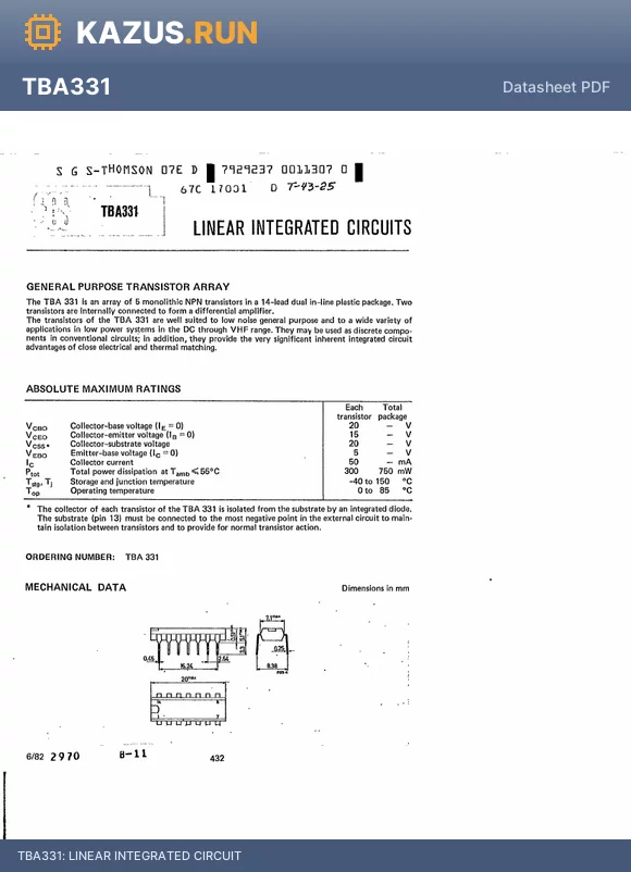 TBA331 datasheet - LINEAR INTEGRATED CIRCUIT