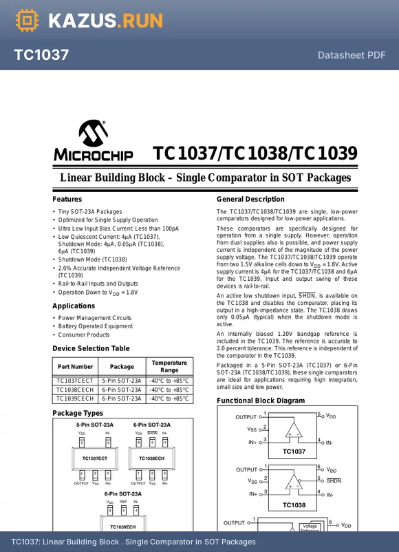TC1038CECH datasheet - Linear Building Block . Single Comparator in SOT Packages