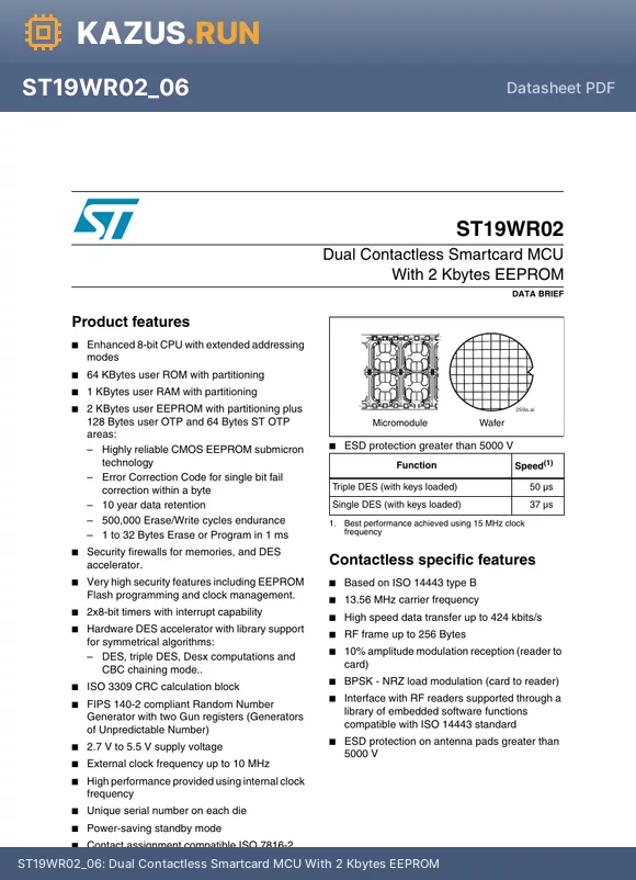 ST19WR02 datasheet - Dual Contactless Smartcard MCU With 2 Kbytes EEPROM