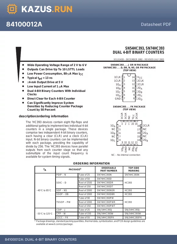 SN74HC393D datasheet - DUAL 4-BIT BINARY COUNTERS