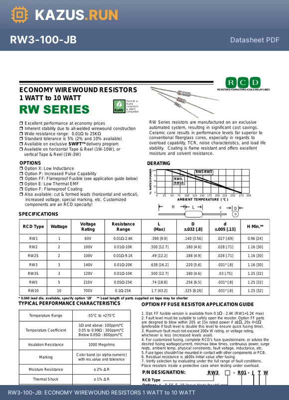 RW3-R015-JB datasheet - ECONOMY WIREWOUND RESISTORS 1 WATT to 10 WATT