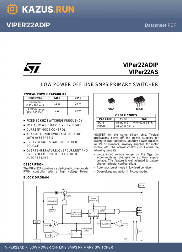 VIPER22ADIP datasheet - LOW POWER OFF LINE SMPS PRIMARY SWITCHER