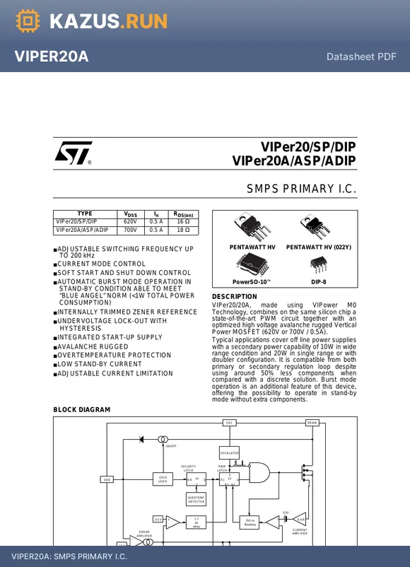 VIPER20SP datasheet - SMPS PRIMARY I.C.