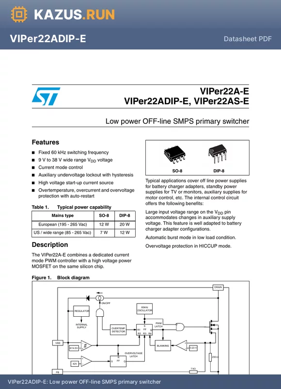 VIPER22-LED-EV datasheet - Low power OFF-line SMPS primary switcher