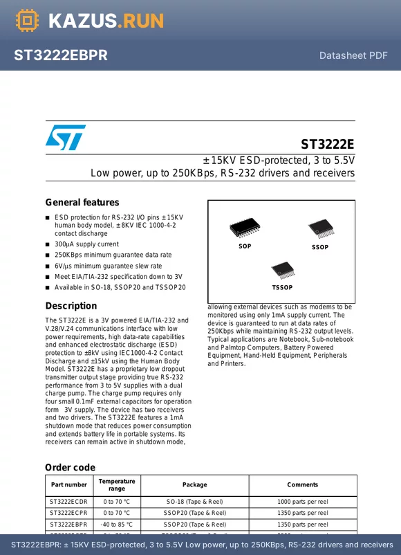ST3222ECTR datasheet - a 15KV ESD-protected, 3 to 5.5V Low power, up to 250KBps, RS-232 drivers and receivers