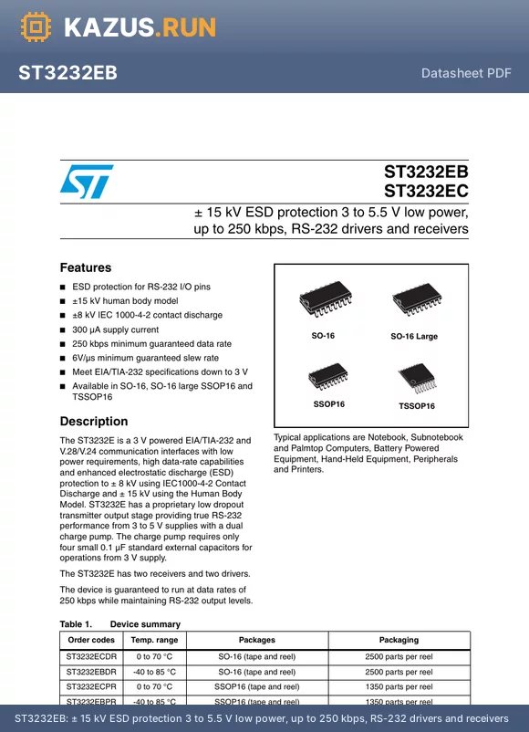 ST3232EBPR datasheet - a 15 kV ESD protection 3 to 5.5 V low power, up to 250 kbps, RS-232 drivers and receivers