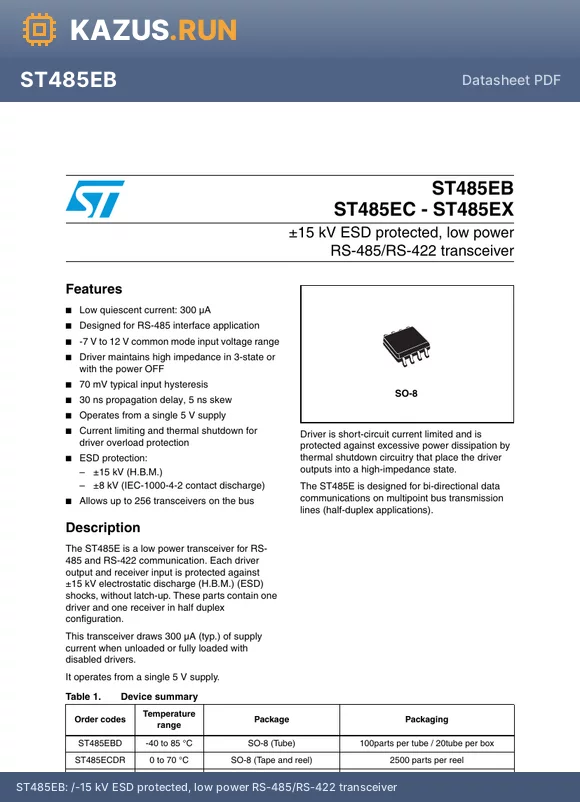 ST485EB datasheet - /-15 kV ESD protected, low power RS-485/RS-422 transceiver