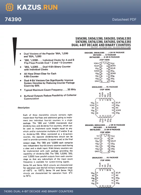 SN74LS393D datasheet - DUAL 4-BIT DECADE AND BINARY COUNTERS