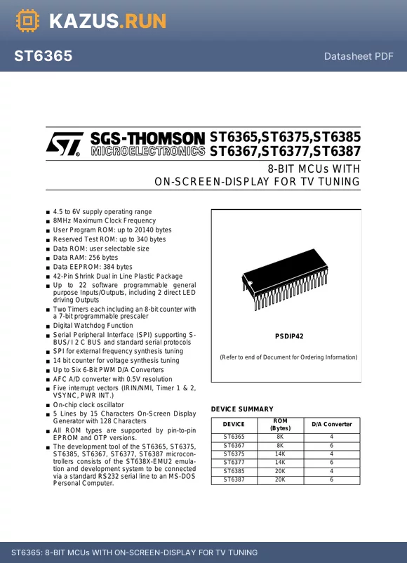 ST6365 datasheet - 8-BIT MCUs WITH ON-SCREEN-DISPLAY FOR TV TUNING