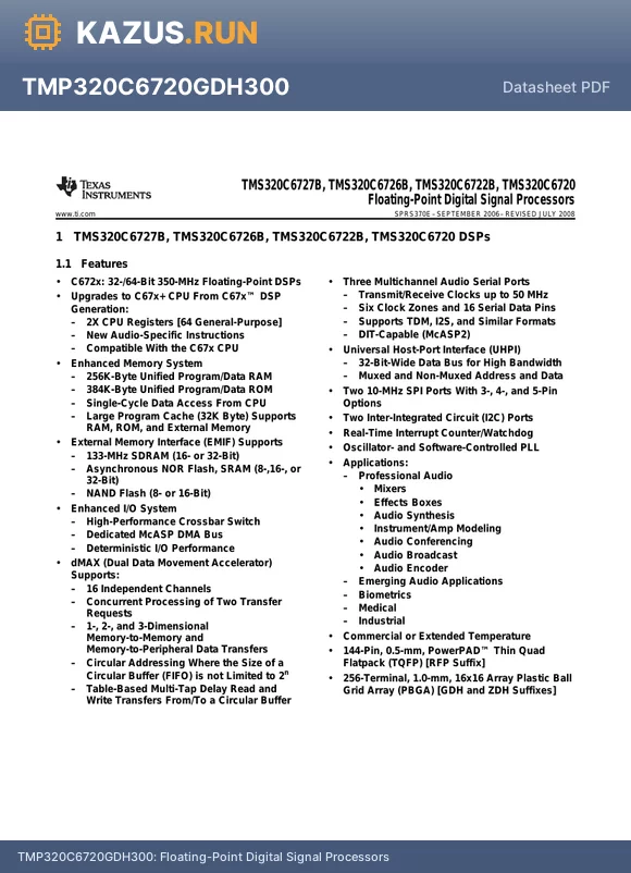 TMS320C6720GDHA225 datasheet - Floating-Point Digital Signal Processors