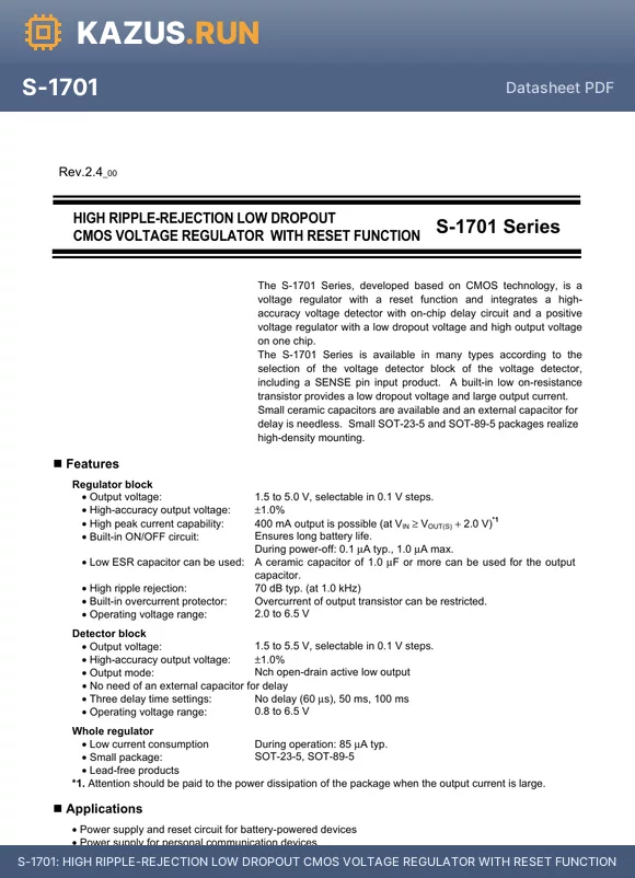 S-1701U2520-U5T1G datasheet - HIGH RIPPLE-REJECTION LOW DROPOUT CMOS VOLTAGE REGULATOR WITH RESET FUNCTION