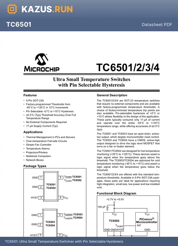 TC6503 datasheet - Ultra Small Temperature Switches with Pin Selectable Hysteresis