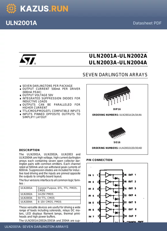 ULN2001 datasheet - SEVEN DARLINGTON ARRAYS