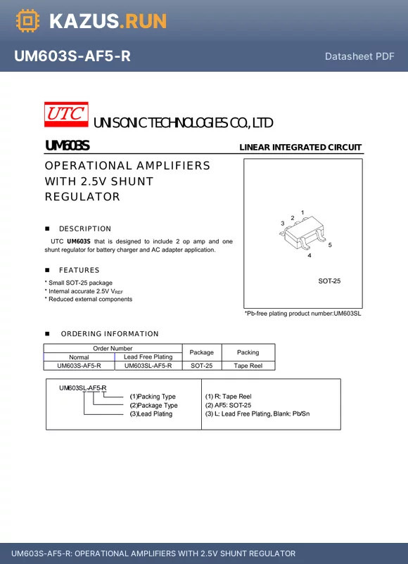 UM603S-AF5-R datasheet - OPERATIONAL AMPLIFIERS WITH 2.5V SHUNT REGULATOR