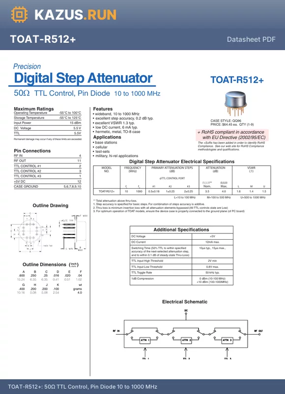 TOAT-R512+ datasheet - 50Y TTL Control, Pin Diode 10 to 1000 MHz