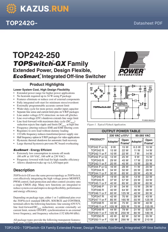 TOP244R datasheet - TOPSwitch-GX Family Extended Power, Design Flexible, EcoSmart, Integrated Off-line Switcher