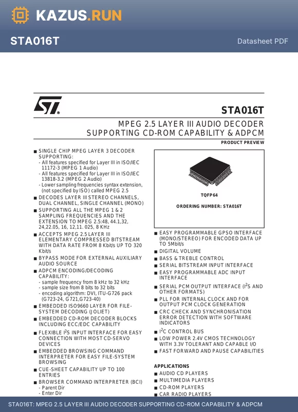 STA016T datasheet - MPEG 2.5 LAYER III AUDIO DECODER SUPPORTING CD-ROM CAPABILITY & ADPCM