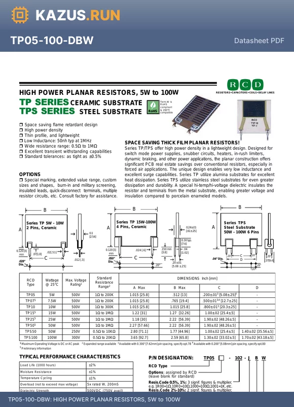 TP05-R50-FBW datasheet - HIGH POWER PLANAR RESISTORS, 5W to 100W