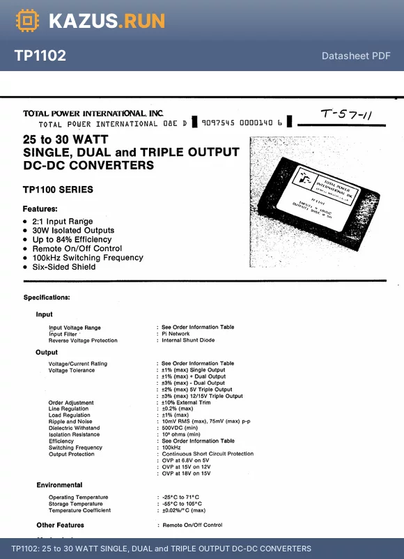 TP1102 datasheet - 25 to 30 WATT SINGLE, DUAL and TRIPLE OUTPUT DC-DC CONVERTERS