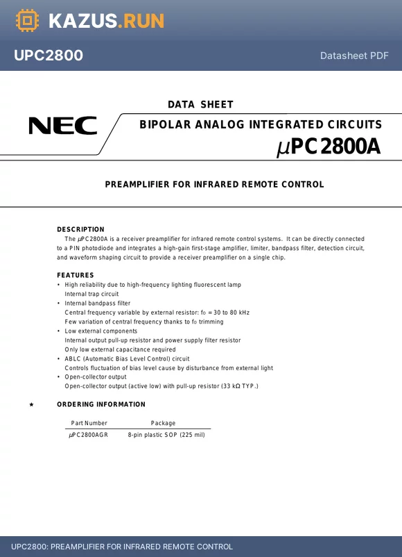 UPC2800AGR datasheet - PREAMPLIFIER FOR INFRARED REMOTE CONTROL