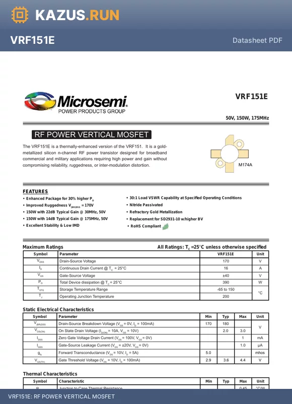 VRF151E datasheet - RF POWER VERTICAL MOSFET