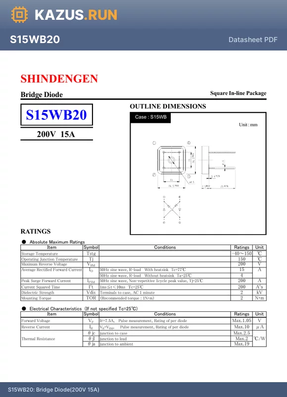 S15WB20 datasheet - Bridge Diode(200V 15A)
