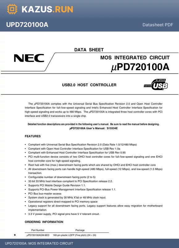 UPD720100AGM-8EY datasheet - MOS INTEGRATED CIRCUIT