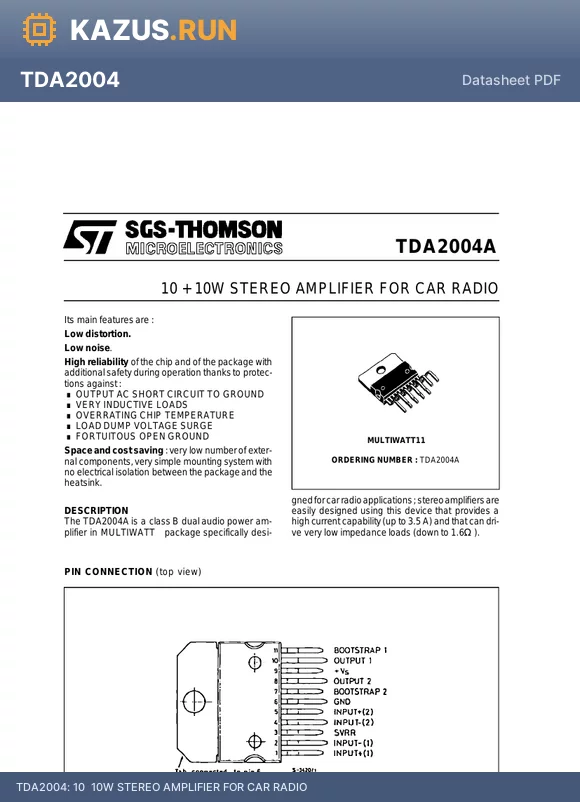 TDA2004A datasheet - 10  10W STEREO AMPLIFIER FOR CAR RADIO