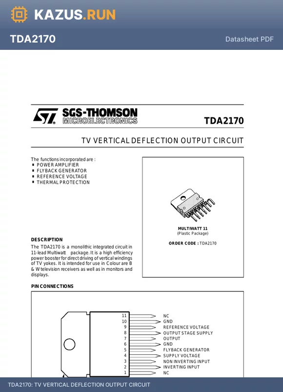 TDA2170 datasheet - TV VERTICAL DEFLECTION OUTPUT CIRCUIT